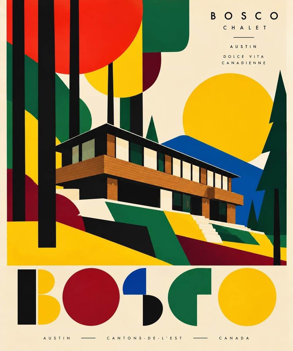 L’affiche de BOSCO : le chalet moderniste entre les arbres, le soleil et la montagne, en aplats rouge, jaune, vert et bleu.