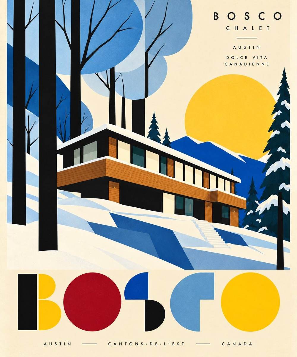 L’affiche BOSCO de l’hiver : le chalet sous la neige, les bouleaux bleus et les sapins enneigés.