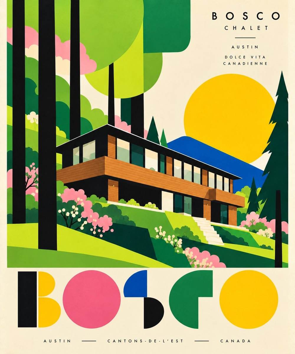 L’affiche BOSCO du printemps : le chalet dans les verts tendres et les fleurs roses.