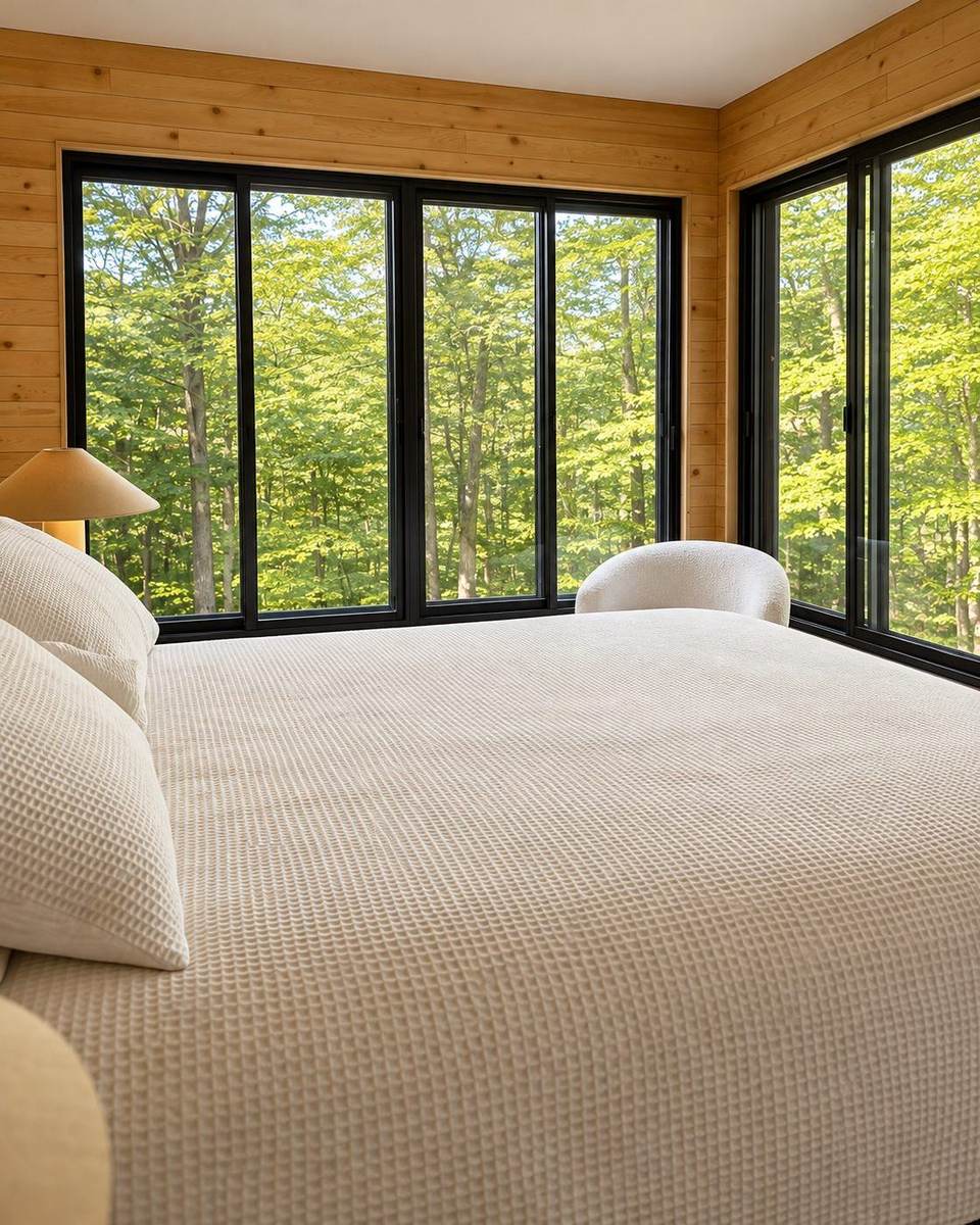 La chambre principale, entourée de fenêtres sur la forêt, avec un bureau dans l’angle.