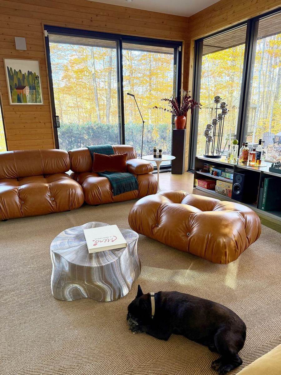 Le salon en automne, avec un chien endormi sur le tapis.