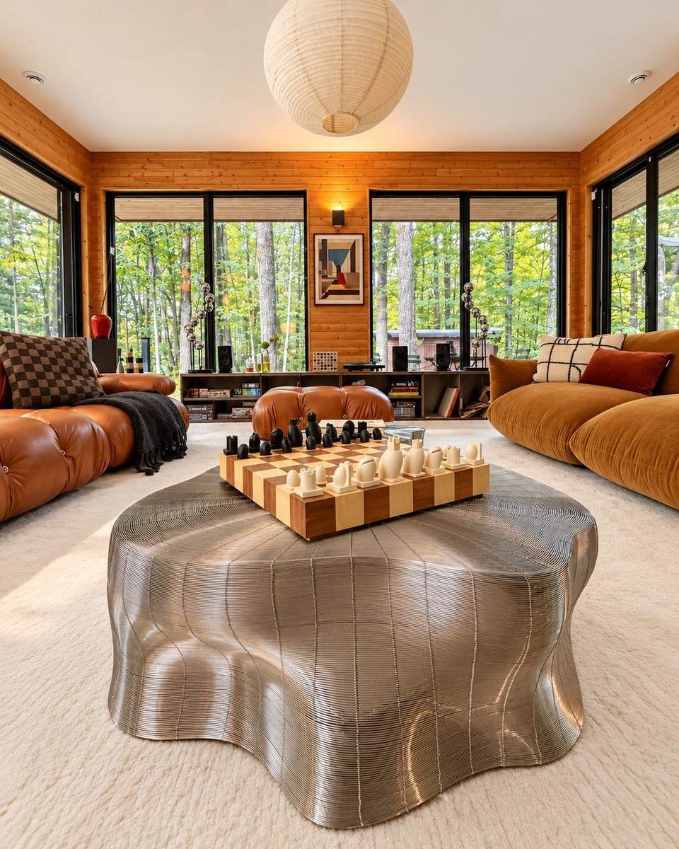 Table basse sculpturale en métal et jeu d’échecs en bois.