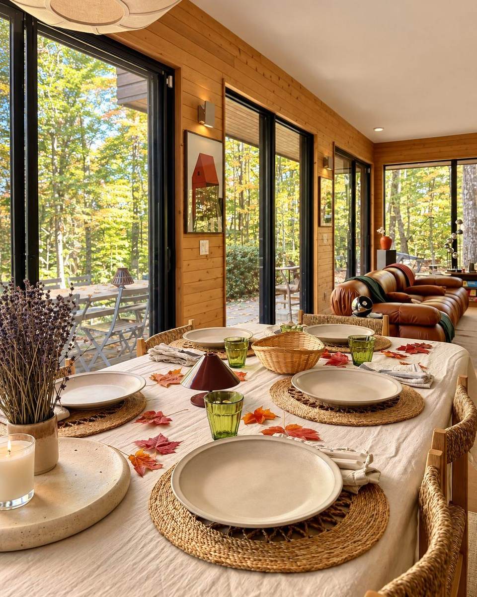 La table dressée pour un souper d’automne, assiettes en grès et feuilles d’érable.